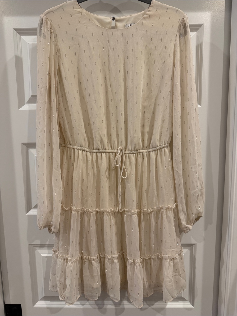 Light Cream Long-Sleeve Tiered Dress with Drawstring Waist